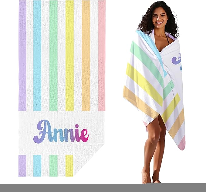 JML Personalized Beach Towel with Name, Custom Rainbow Cabana Stripe Beach Towel, Customized Microfiber Pool Towel, Quick Dry & Absorbent Swim Towel for Adult,Anniversary, Birthday, Summer Holiday-StrideForce Fitness