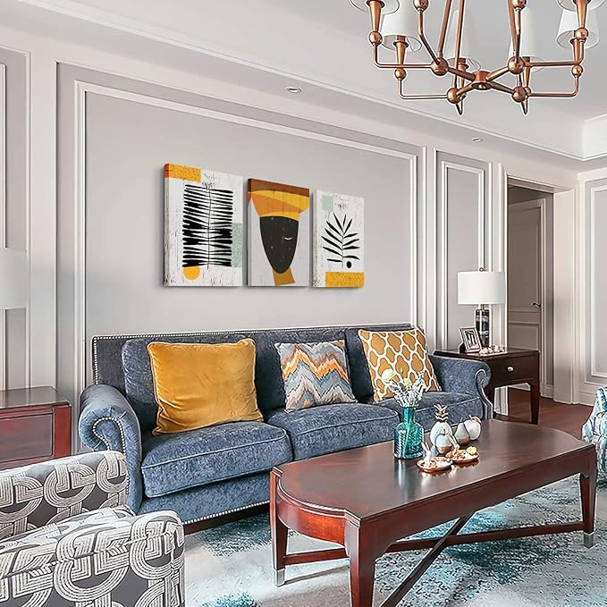 Framed Canvas Wall Art African Ethno Motive Wall Art Set, Abstract Ethno Art, African American Woman Portrait, Black Orange Print, Contemporary Collage, Minimalist (A-3pcs,16x24inchx3pcs)-StrideForce Fitness