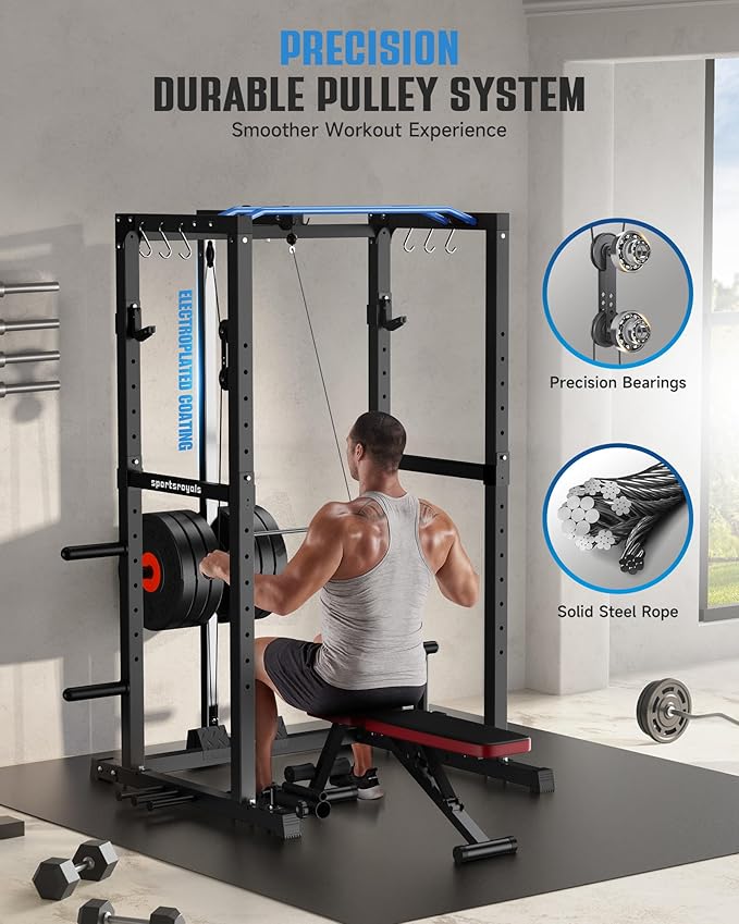 Sportsroyals Power Cage,1600lbs Multi-Function Power Rack with Adjustable Cable Crossover System and More Training Attachment, Weight Cage for Home Gym-StrideForce Fitness