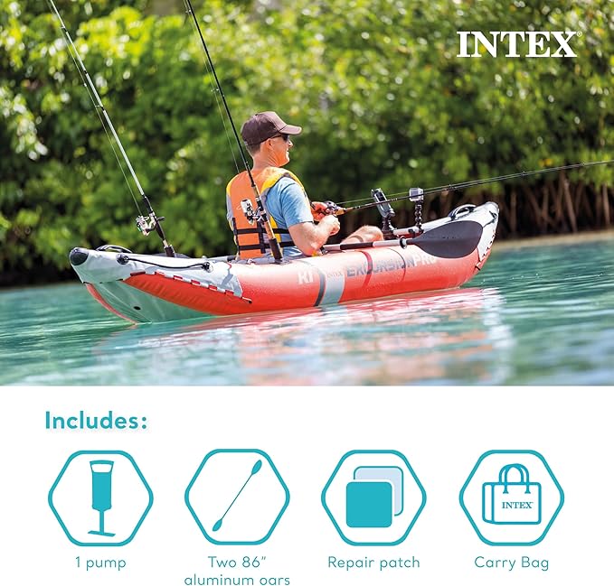 INTEX 68303EP Excursion Pro K1 Inflatable Kayak Set: Includes Deluxe 86in Kayak Paddles and High-Output Pump – SuperTough PVC – Adjustable Bucket Seat – 1-Person – 220lb Weight Capacity-StrideForce Fitness