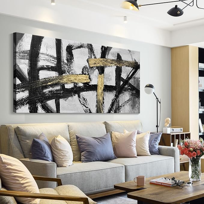 Abstract Living Room Wall Art - Large Black and White Gold Abstract Lines Bedroom Wall Decor Ink Dancing Canvas Prints Paintings for Dining Room Office Room Home Decor 29x58IN-StrideForce Fitness