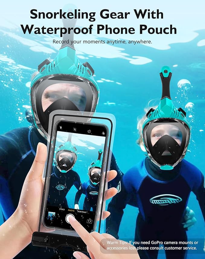 VGKE Full Face Snorkel Mask for Adults, 180 Degree HD Panoramic View Snorkeling Gear with Waterproof Phone Pouch, Anti-Leak & Anti-Fog, Breathe Freely Suitable for Men/Women-StrideForce Fitness