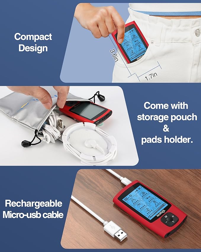 NURSAL 24 Modes TENS Unit Muscle Stimulator, Rechargeable Electronic Pulse Massager with 8 Pads for Back and Shoulder Pain Relief and Muscle Strength (Red)-StrideForce Fitness