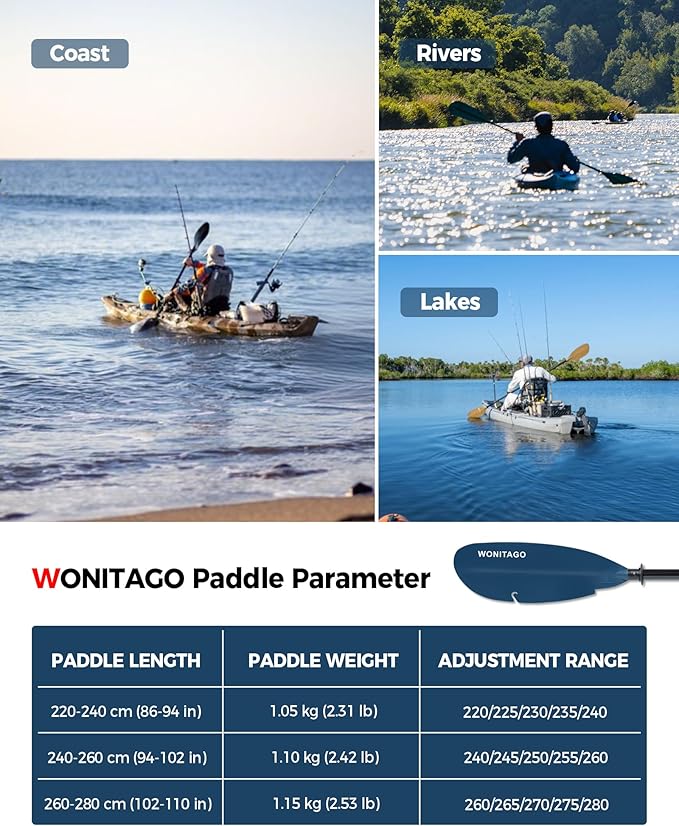 Angler Kayak Paddle with Fiberglass Shaft and Plastic Blade, Floating Adjustable Fihsing Kayak Oar, 220-240 cm/86-94", 240-260 cm/94-102", 260-280 cm/102-110"-StrideForce Fitness