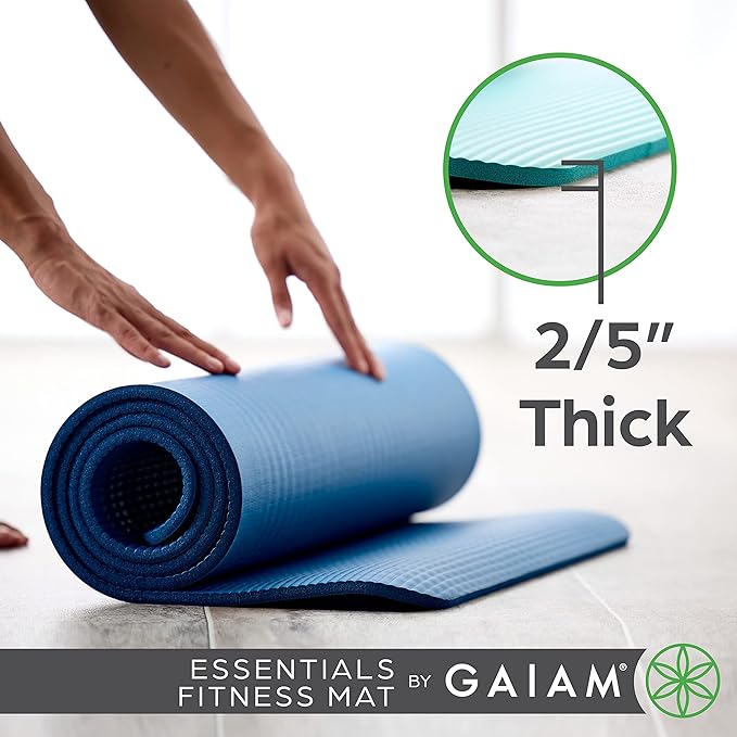 Gaiam Essentials Thick Yoga Mat Fitness & Exercise Mat with Easy-Cinch Yoga Mat Carrier Strap, 72"L x 24"W x 2/5 Inch Thick-StrideForce Fitness