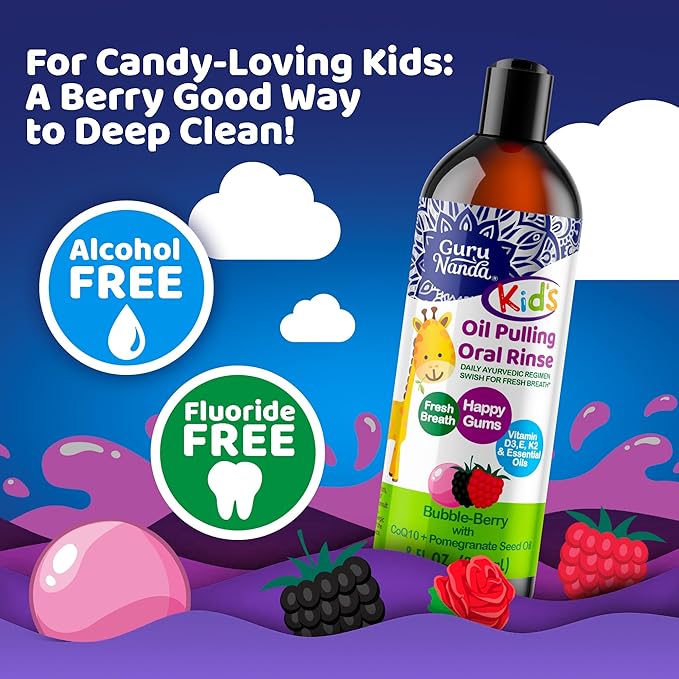 GuruNanda Kids Oil Pulling, Alcohol-Free Mouthwash, Essential Oils & Vitamins for Fresh Breath & Happy Gums for Ages 6 & up, Natural Bubble Berry, 8 Oz