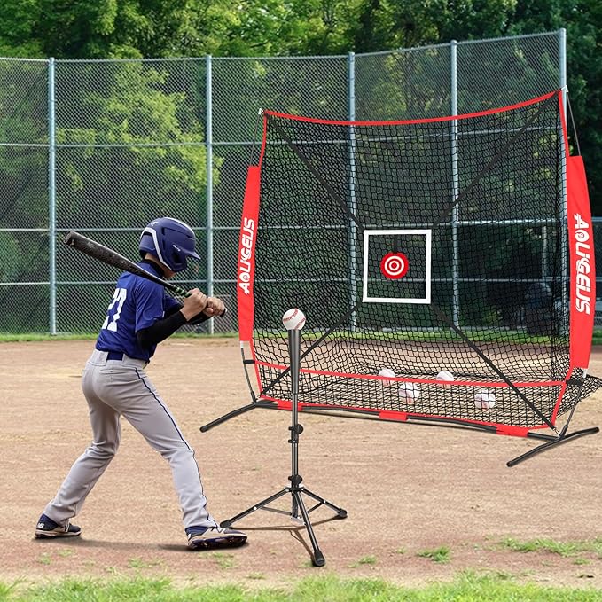 6'X6' Baseball Softball Practice Net with Batting Tee and Ball Caddy, Bonus Strike Zone Target and Bow Frame, for Hitting, Pitching, Catching-StrideForce Fitness