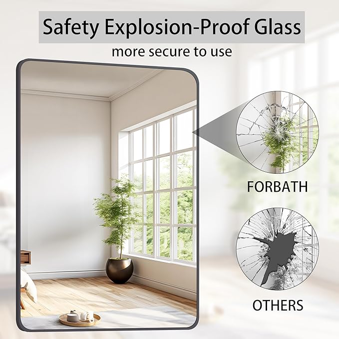 FORBATH Black Bathroom Mirror, Rectangular Vanity Mirror 26" X 38" Wall Mounted Rounded Corner Farmhouse Metal Framed Bath Mirror for Living Room Bedroom Entryway Decor, Hangs Horizontal or Vertical-StrideForce Fitness