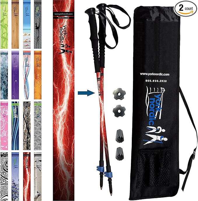 York Nordic Hiking & Walking Poles - Cushion Foam Grips w/Nordic Strap - Lightweight, Adjustable, and Great for Balance -2 Pieces w/Flip Locks, and Travel Bag - Heights 5'4"-6'2"-StrideForce Fitness