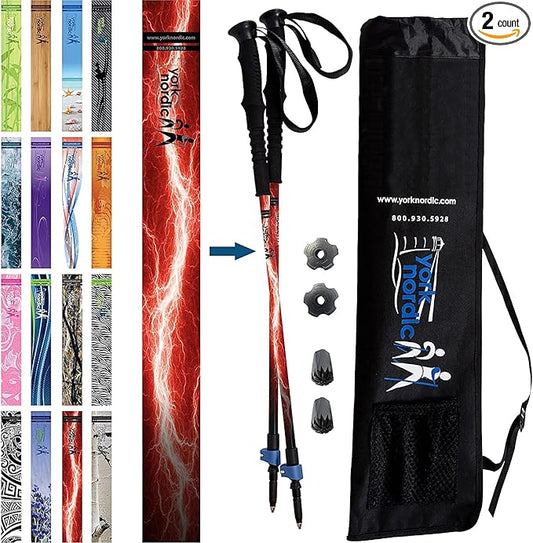 York Nordic Hiking & Walking Poles - Cushion Foam Grips w/Nordic Strap - Lightweight, Adjustable, and Great for Balance -2 Pieces w/Flip Locks, and Travel Bag - Heights 5'4"-6'2"-StrideForce Fitness
