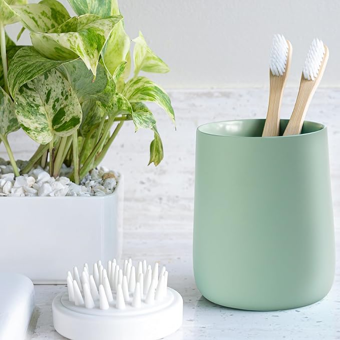 Matte Sage Green Toothbrush and Toothpaste Holder and Cup for Bathroom Vanity and Countertop, Round Organizer for Electric Toothbrushes, Floss, Razors, Cotton, and Mouthwash