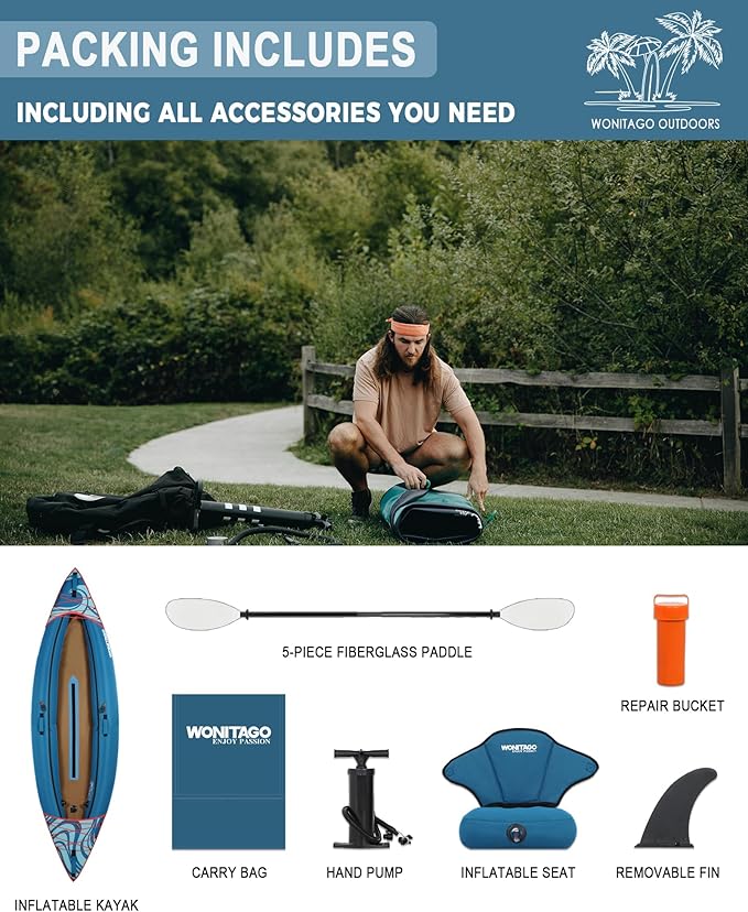 Inflatable Kayak, Portable Ripstop Oxford Cloth Recreational Touring Kayak with Fiberglass Kayak Paddle, Hand Pump and Carrying Bag, 1/2 Person-StrideForce Fitness