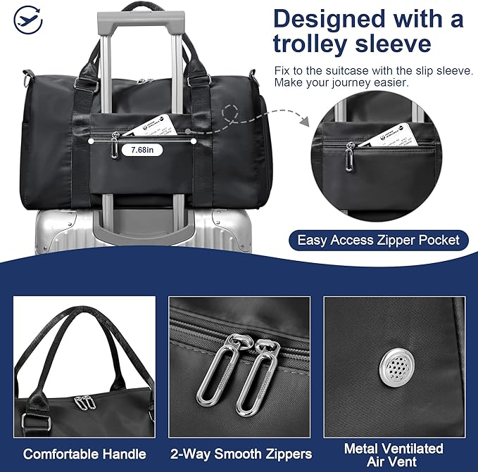 FIORETTO Womens Gym Tote Duffle Bag with Toiletry Bag, Sports Duffel Overnight Hospital Workout Carry on Bag for Girls with Wet Pocket & Shoe Compartment, Ideal for Travel, Swimming, Dance Black-StrideForce Fitness