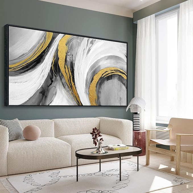 White Gold Wall Art - Abstract Framed Large Size Black White Gold Hand Drawn Textures Artwork Ink Dances With Gold Canvas Painting for Living Room Office Hallway Bed Above Decor 29"X58"-StrideForce Fitness