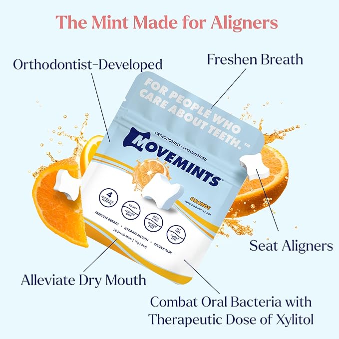 Movemints Clear Aligner Mints - Patented, Edible Alternative to Chewies - Freshen Breath and Improve Dry Mouth with Xylitol - Orange (7 Pack)