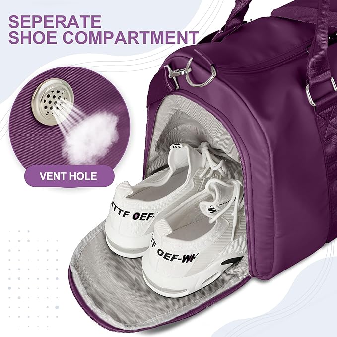 FIORETTO Womens Gym Tote Duffle Bag with Wet Pocket & Shoe Compartment, Sports Duffel Overnight Weekender Hospital Workout Carry on Bag for Girls, Ideal for Travel, Swimming, Dance, Ballet Dark Purple-StrideForce Fitness