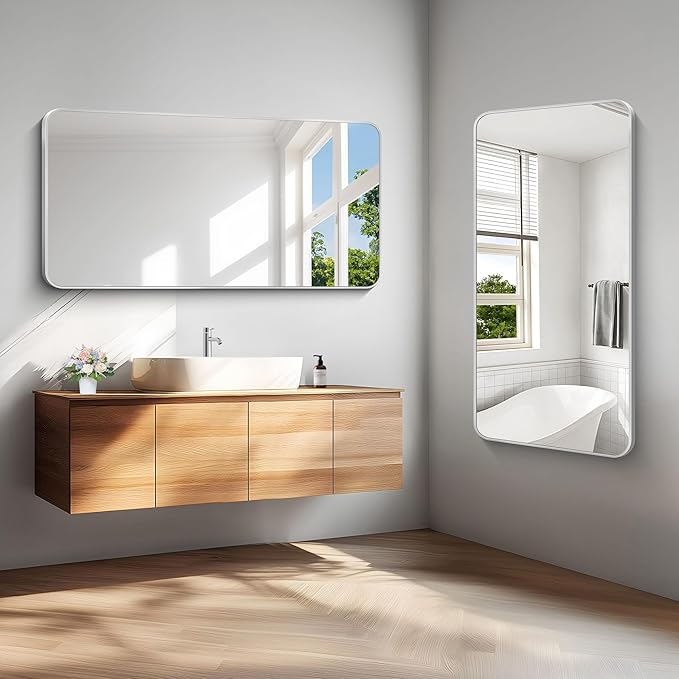 Silver Bathroom Mirror,24x48 inch Wall Mirror for Bathroom Wall Mounted,Rectangle Mirror for Bathroom Over Sink,Modern Frame Round Corner for Living Room,Bedroom Entryway,Horizontal/Vertical-StrideForce Fitness