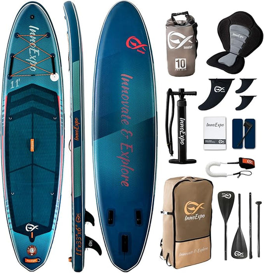 InnoExpo 11' Inflatable Stand Up Paddle Boards with Premium Accessories, Wide Stable SUP Paddle Board Design, Non-Slip Comfort Deck for Youth & Adults-StrideForce Fitness