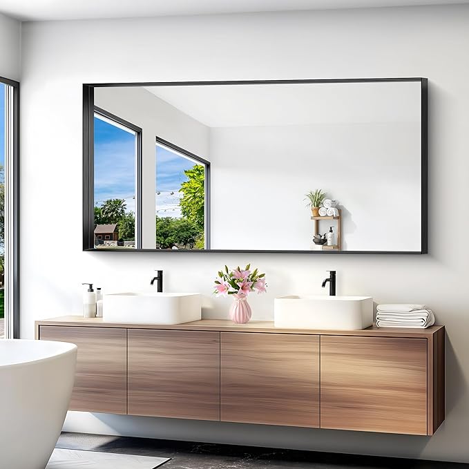 Black Bathroom Mirror, 72x36 Inch Rectangular Deep Frame Mirror, Large Wall Mounted Bathroom Vanity Mirror Over Sink for Bedroom,Restroom, Living Room, Hangs Vertically or Horizontally-StrideForce Fitness