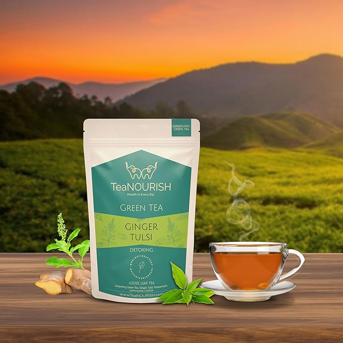 TeaNOURISH Ginger Tulsi Green Tea | Darjeeling Loose Leaf | Indian Superfoods Ginger, Tulsi & Licorice | Relieves Stress & Aids Digestion | Brew Hot or Iced Tea - 3.53oz/100g