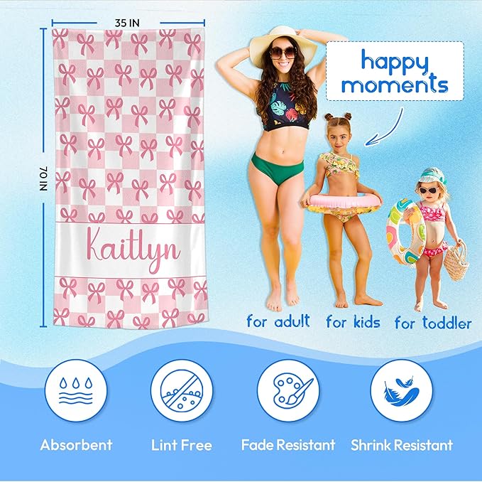 JML Personalized Beach Towel with Name, Custom Beach Towel with Text, Customized Bow Microfiber Pool Towel, Quick Dry & Absorbent Swim Towel for Adult,Anniversary, Birthday, Summer Holiday,Vacation-StrideForce Fitness