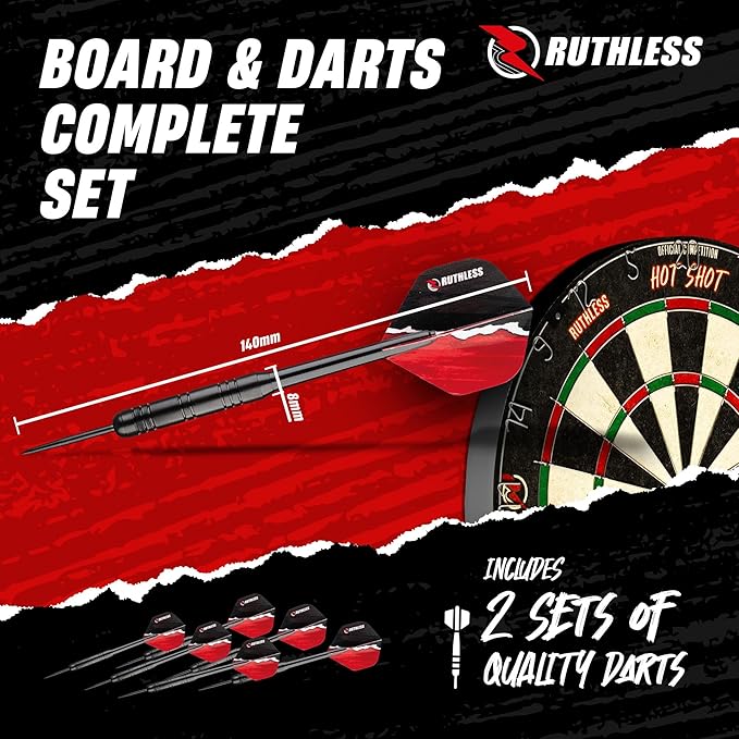 Ruthless Hot Shot Dart Board | Endurance Round Wire Sisal Dartboard Set Including 2 sets of Steel Tip Darts-StrideForce Fitness