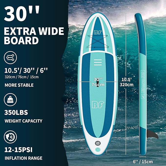 Inflatable Stand Up Paddle Board with SUP Accessories & Backpack. Paddle Boards for Adults. Non-Slip Deck, Wide Stance, Bottom Fin, Double Action Pump.-StrideForce Fitness
