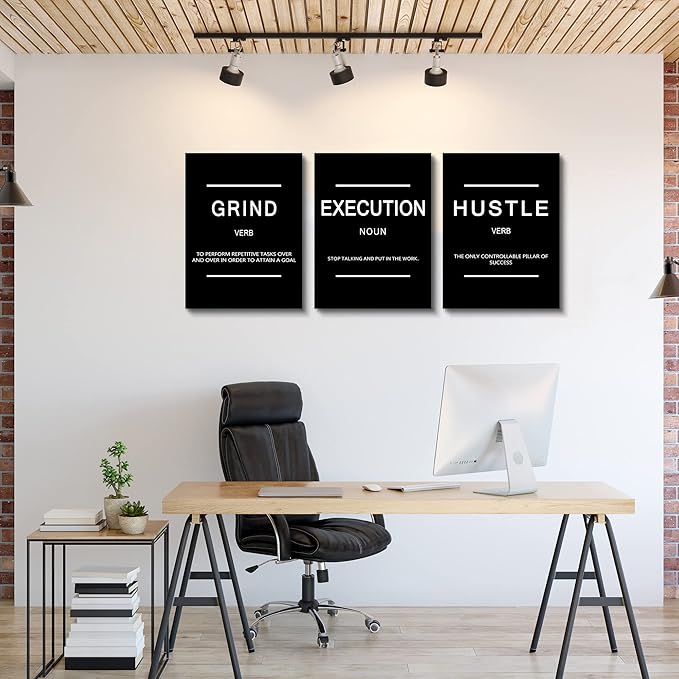Framed Canvas Wall Art Success Quote, Office Wall Art, Black Large Poster, Positive Motivational Set of 3 Prints, Execute Failure Definition, Inspirational Print (B-3pcs,12x16inchx3pcs)-StrideForce Fitness