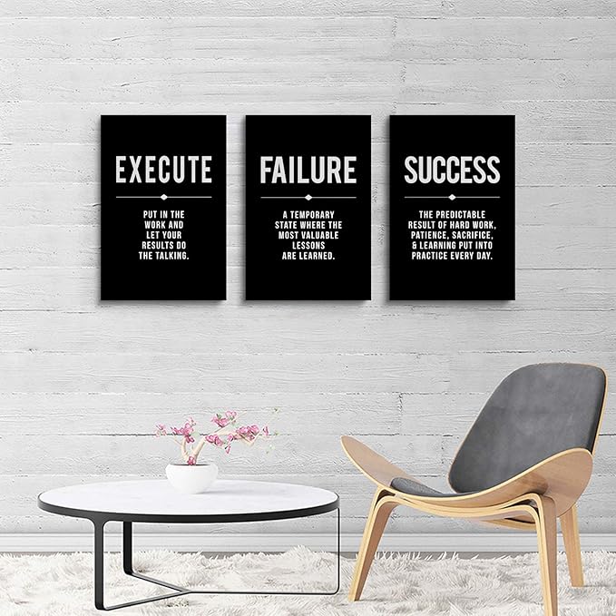 Framed Canvas Wall Art Success Quote, Office Wall Art, Black Large Poster, Positive Motivational Set of 3 Prints, Execute Failure Definition, Inspirational Print (A-3pcs,16x24inchx3pcs)-StrideForce Fitness