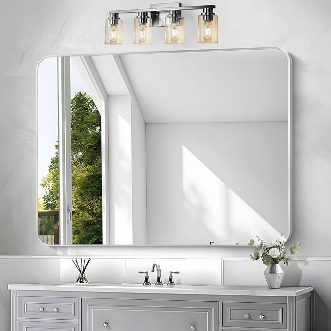 Silver Bathroom Mirror,36x48 inch Wall Mirror for Bathroom Wall Mounted,Rectangle Mirror for Bathroom Over Sink,Modern Frame Round Corner for Living Room,Bedroom Entryway,Horizontal/Vertical-StrideForce Fitness