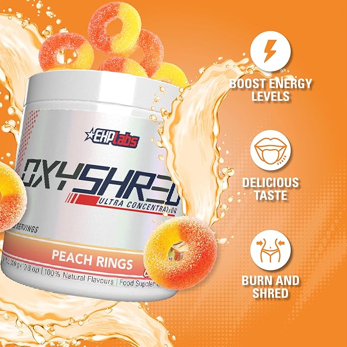 EHP Labs OxyShred Pre Workout Powder - Preworkout Powder with L Glutamine & Acetyl L Carnitine, Energy Boost Drink - Peach Candy Rings, 60 Servings-StrideForce Fitness