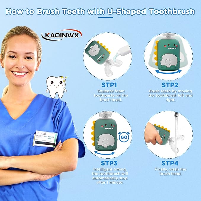 Kids U Shaped Electric Toothbrush for Age 2-12, Rechargeable Toddler Toothbrush with Smart Timer & 3 Clean Modes, Dinosaur Design, IPX7 Waterproof, 3 Brush Heads & 360°Cleaning