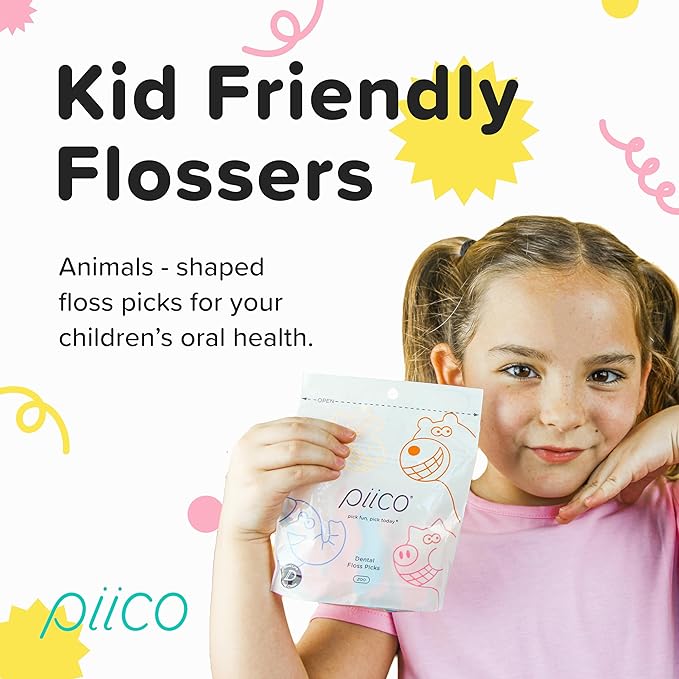 Piico Unflavored Kids Floss - No Fluoride Dual Line Dental Floss Picks - Fun Oral Care in Colorful Floss Sticks Design - Kids Flossers Avoid Tooth Decay & Gum Disease - 80 Count Zoo