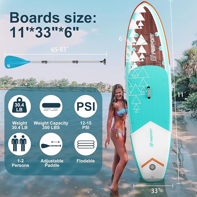 FBSPORT 11' Premium Stand Up Paddle Board, Yoga Board with Durable SUP Accessories & Carry Bag | Wide Stance, Surf Control, Non-Slip Deck, Leash, Paddle and Pump for Youth & Adult-StrideForce Fitness
