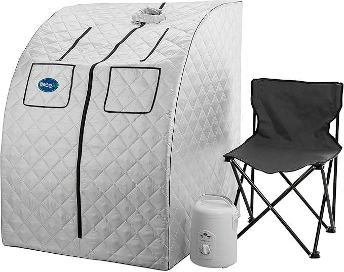 Durasage Oversized Portable Personal Steam Sauna Spa with 800W Steam Generator, 60-Minute Timer, Dual Pockets, Zippered Hand Openings & Chair for at-Home Relaxation (Silver, 33"x31.5"x41")-StrideForce Fitness