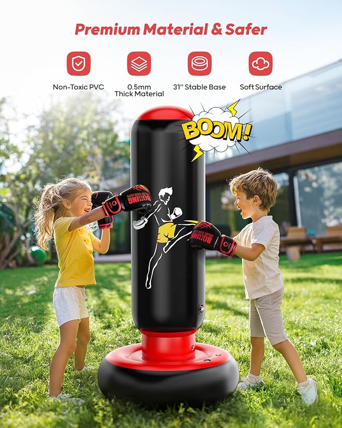 QPAU Kids Punching Bag Toy with Boxing Gloves, 66 Inch Larger Stable Kids Inflatable Boxing Bag Set, Gifts for Boys & Girls Age 6-12, for Practicing Karate, Taekwondo, MMA-StrideForce Fitness