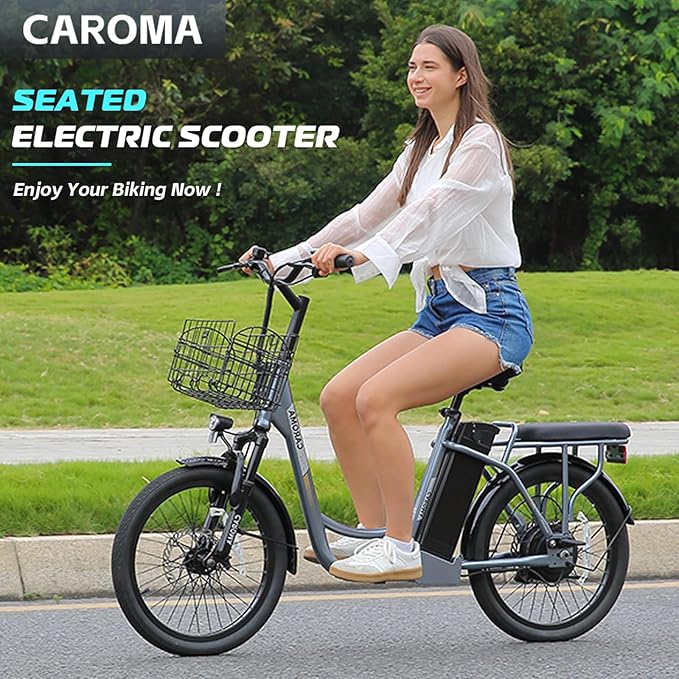 Caroma Electric Scooter with Seat, 48V Removable Battery E-Bike, Up to 30Miles&20MPH, 500/800/1200W Motor, 20" Fat Tire Adult Electric Bicycles for Commuting with Basket-StrideForce Fitness