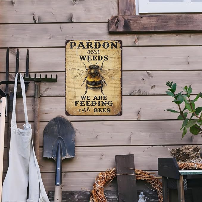 Vintage Bee Tin Sign Pardon Our Weeds We're Feeding The Bees Retro Garden Metal Poster Funny Wall Art Cafe Office Wall Decor for Kitchen Home Bar Plub Club Shop 12 * 16inch-StrideForce Fitness