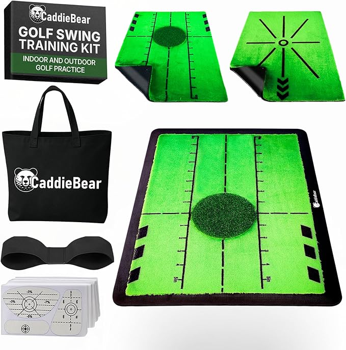 5-in-1 Golf Hitting Mat Set - Golf Training Aid with Path Feedback mat with Turf Patch, Replaceable mat, Impact Tape, Swing Arm Band & Carry Bag - Indoor & Outdoor Golf Mat for Practice-StrideForce Fitness
