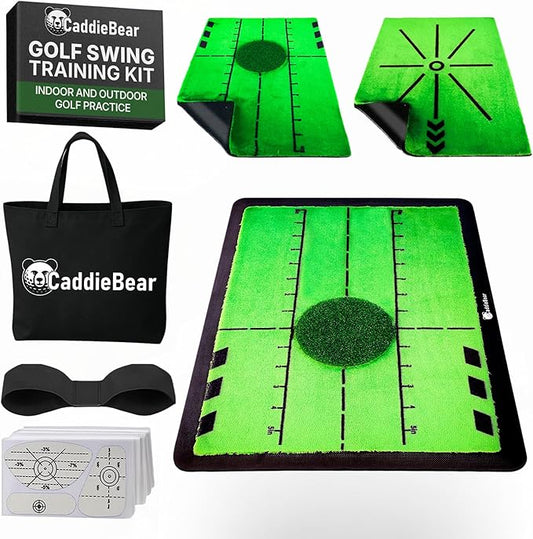 5-in-1 Golf Hitting Mat Set - Golf Training Aid with Path Feedback mat with Turf Patch, Replaceable mat, Impact Tape, Swing Arm Band & Carry Bag - Indoor & Outdoor Golf Mat for Practice-StrideForce Fitness
