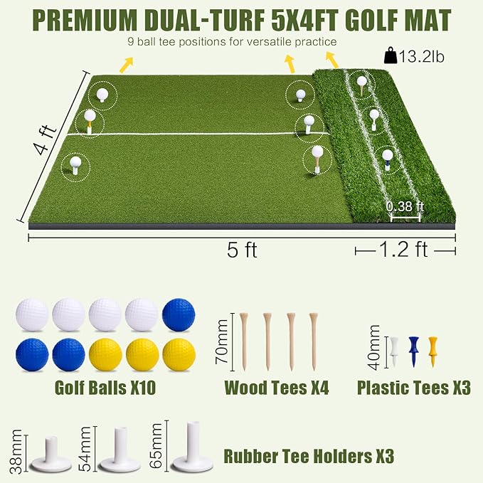 SIOTMERA 23x16IN & 5x4FT Golf Mat, Dual-Turf Golf Hitting Mat with High-Elasticity EVA Anti-Slip Bottom, Anti-Deformation,Reinforced Glue, Ideal for Swing,Chipping Practice,Indoor/Outdoor-StrideForce Fitness