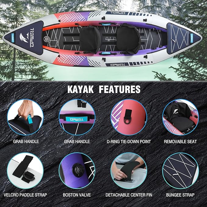 UPWELL 11'/14'6”Inflatable Kayak with Drop Stitch Floor and Accessories Including Kayak Seat with Thickened Cushion, Paddle, Fin, Repair Kits, Carry Bag and Hand Pump-StrideForce Fitness