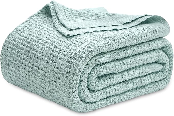 Bedsure 100% Cotton Blanket Queen Size for Bed - Breathable and Soft, Waffle Weave Blanket for Summer, Thick Cozy Fall Blankets for Women Gift, Mint, 90x90 Inches-StrideForce Fitness