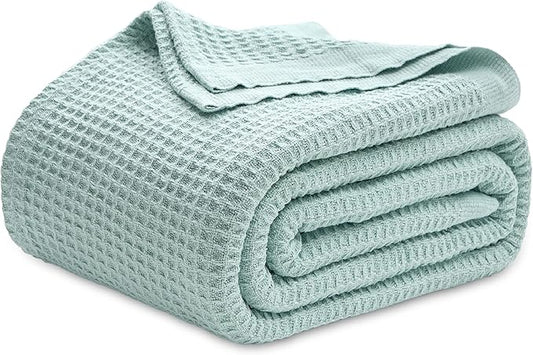 Bedsure 100% Cotton Blanket Queen Size for Bed - Breathable and Soft, Waffle Weave Blanket for Summer, Thick Cozy Fall Blankets for Women Gift, Mint, 90x90 Inches-StrideForce Fitness