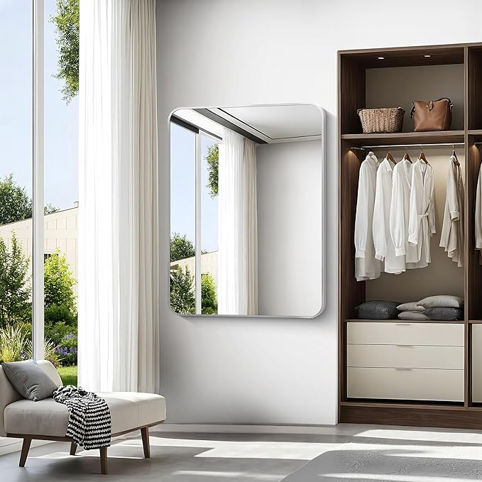 Silver Bathroom Mirror,36x48 inch Wall Mirror for Bathroom Wall Mounted,Rectangle Mirror for Bathroom Over Sink,Modern Frame Round Corner for Living Room,Bedroom Entryway,Horizontal/Vertical-StrideForce Fitness