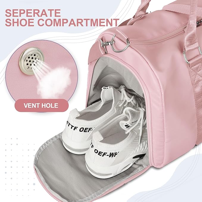 FIORETTO Womens Gym Tote Duffle Bag with Wet Pocket & Shoe Compartment, Sports Duffel Overnight Weekender Hospital Workout Carry on Bag for Girls, Ideal for Travel, Swimming, Dance, Ballet Pink-StrideForce Fitness