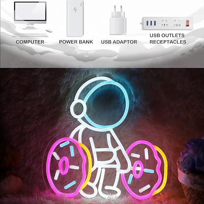 Astronaut Lifting Donut Neon Sign Astronaut Donut Neon Light Astronaut Light Sign Dimmable Bakery LED Neon Light for Club Decor Man Cave Game Room Bar Pub 12.5"×12.7"-StrideForce Fitness