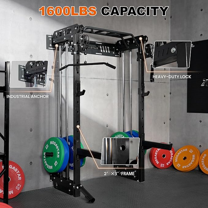 Wall Mounted Power Rack – 1600LB Capacity Compact Commercial Home Gym with Dual Cable Crossover, LAT Pulldown, Multi-Grip Pull-Up Bar & Landmine Attachment for Small Spaces, P67 Striker Red-StrideForce Fitness