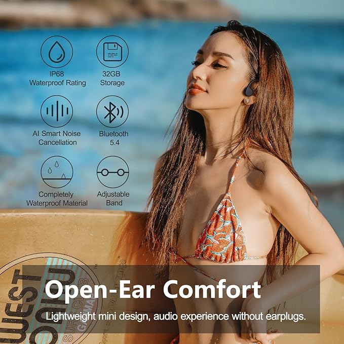 Swimming Headphones,Bone Conduction Headphones Bluetooth 5.4,IPX8 Waterproof,32G Memory Sports Headphone,Underwater Headphone with MP3-Player for Swim,Open Earphones for Swimming (Black X20)-StrideForce Fitness