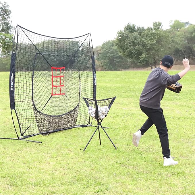 Storgem Baseball and Softball Practice Net 7×7ft Portable Hitting Pitching Batting Training Net Baseball Backstop Net with Batting Tee and Strike Zone and Bow Frame-StrideForce Fitness